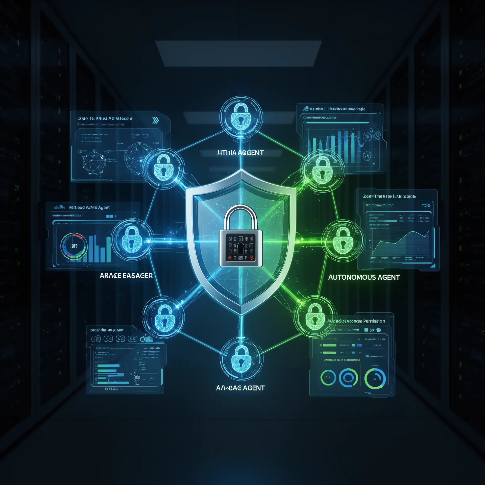 Zero trust for AI agents: a shield and lock at the center of a network of agent nodes, each connection individually verified and monitored.