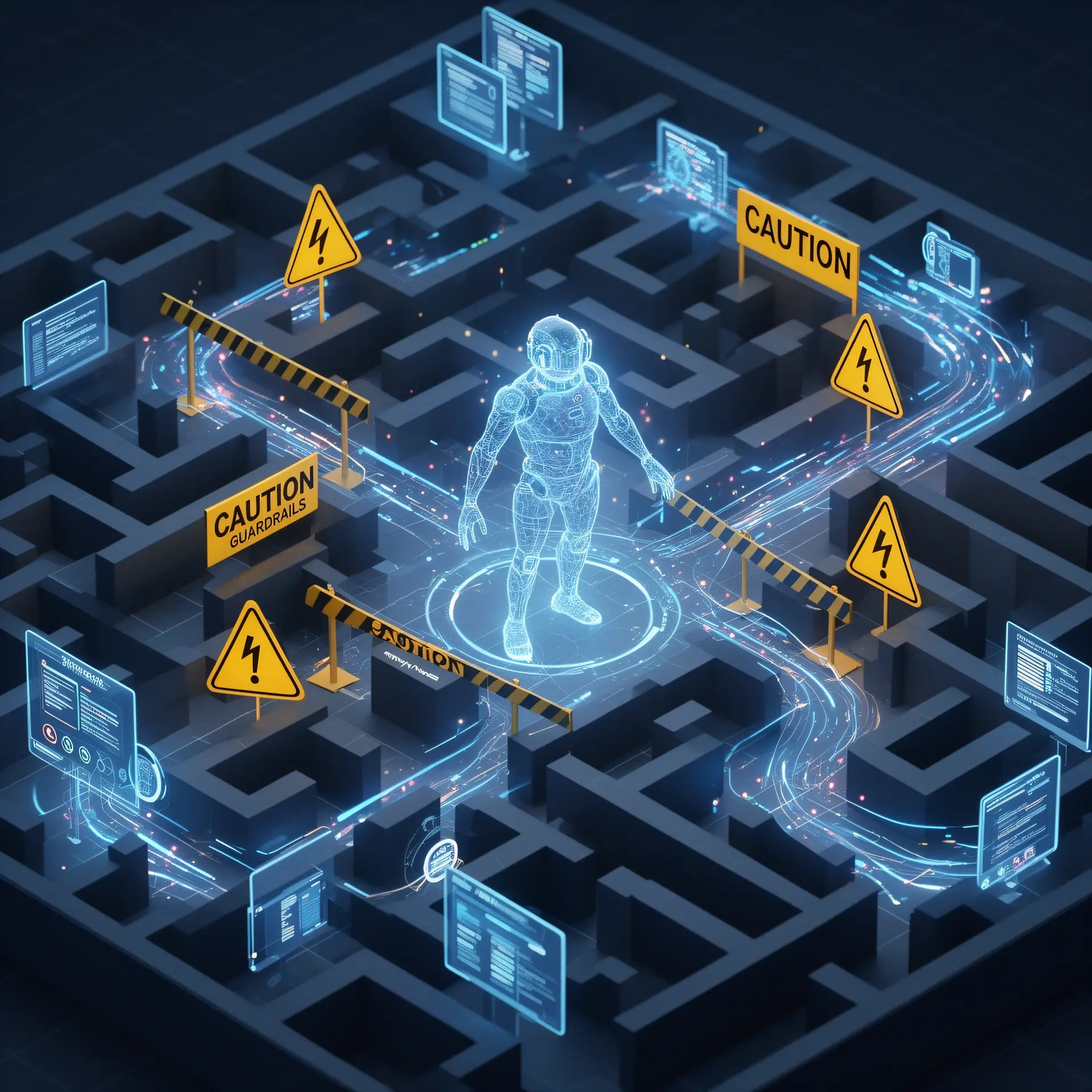 An AI agent moving through a maze of enterprise systems, some paths blocked by guardrails and others marked with caution signs, showing agent scope creep.