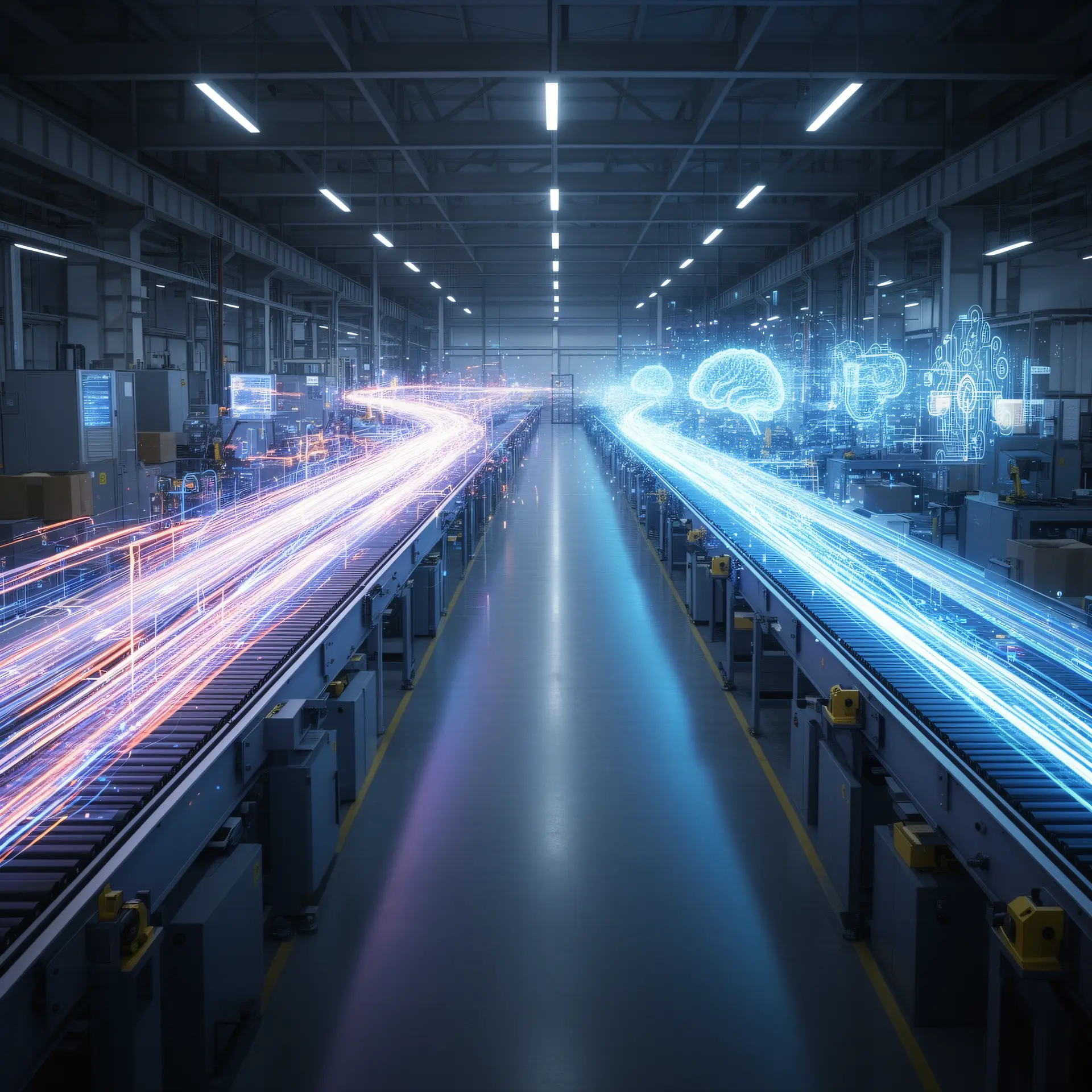 AI factory premium, a modern industrial facility reimagined as a digital intelligence production line, with glowing data streams flowing in one end as raw material and refined AI outputs emerging from the other, symbolizing Jensen Huang's AI factory concept where raw data is transformed into actionable intelligence through a repeatable industrial process.