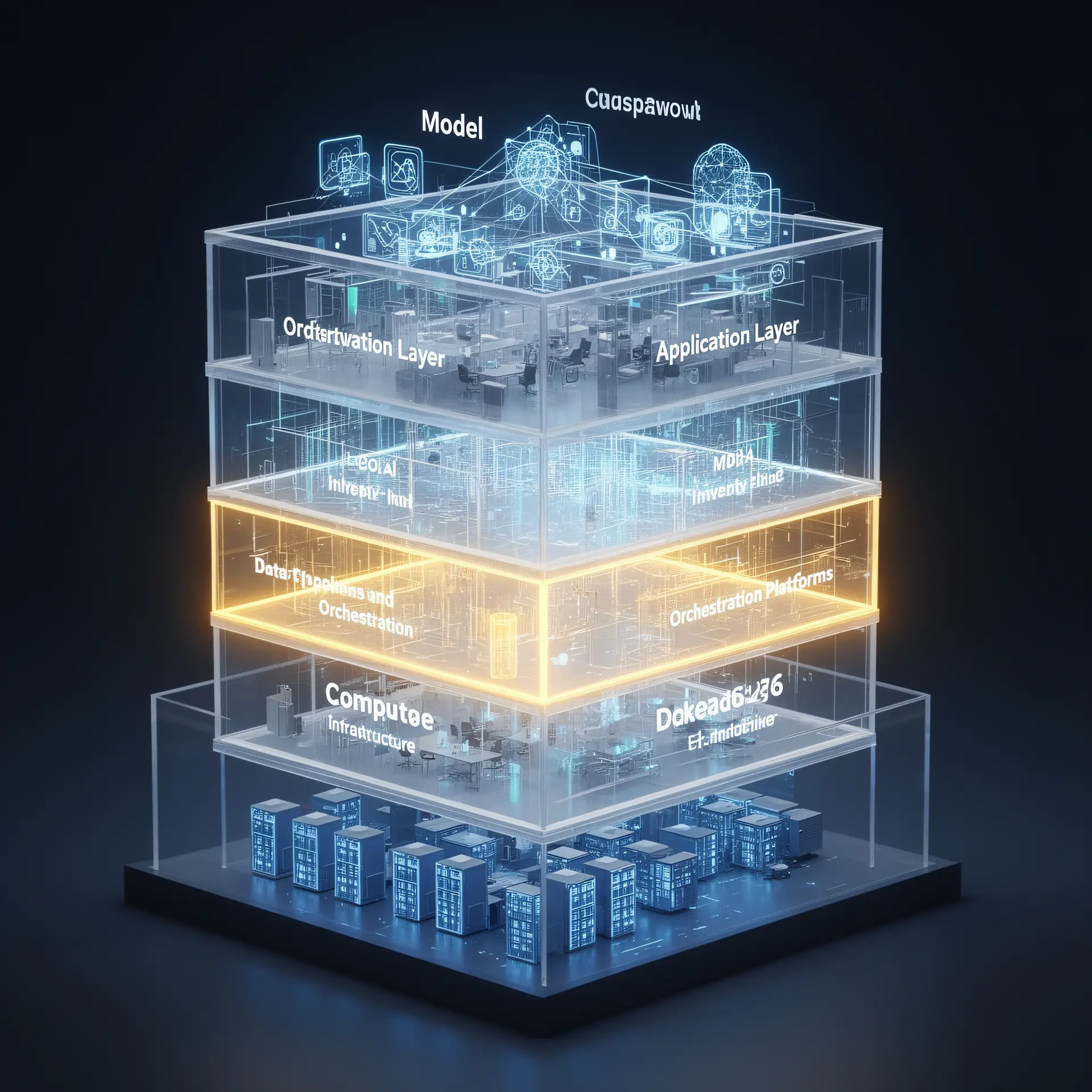 AI factory premium, a five-layer technology stack visualized as a transparent architectural cross-section of a building, with compute infrastructure at the foundation, data pipelines and orchestration platforms glowing brightly in the emphasized middle layers, and model and application layers at the top, illustrating that the highest-value AI investment lives in the middle of the stack rather than the endpoints.
