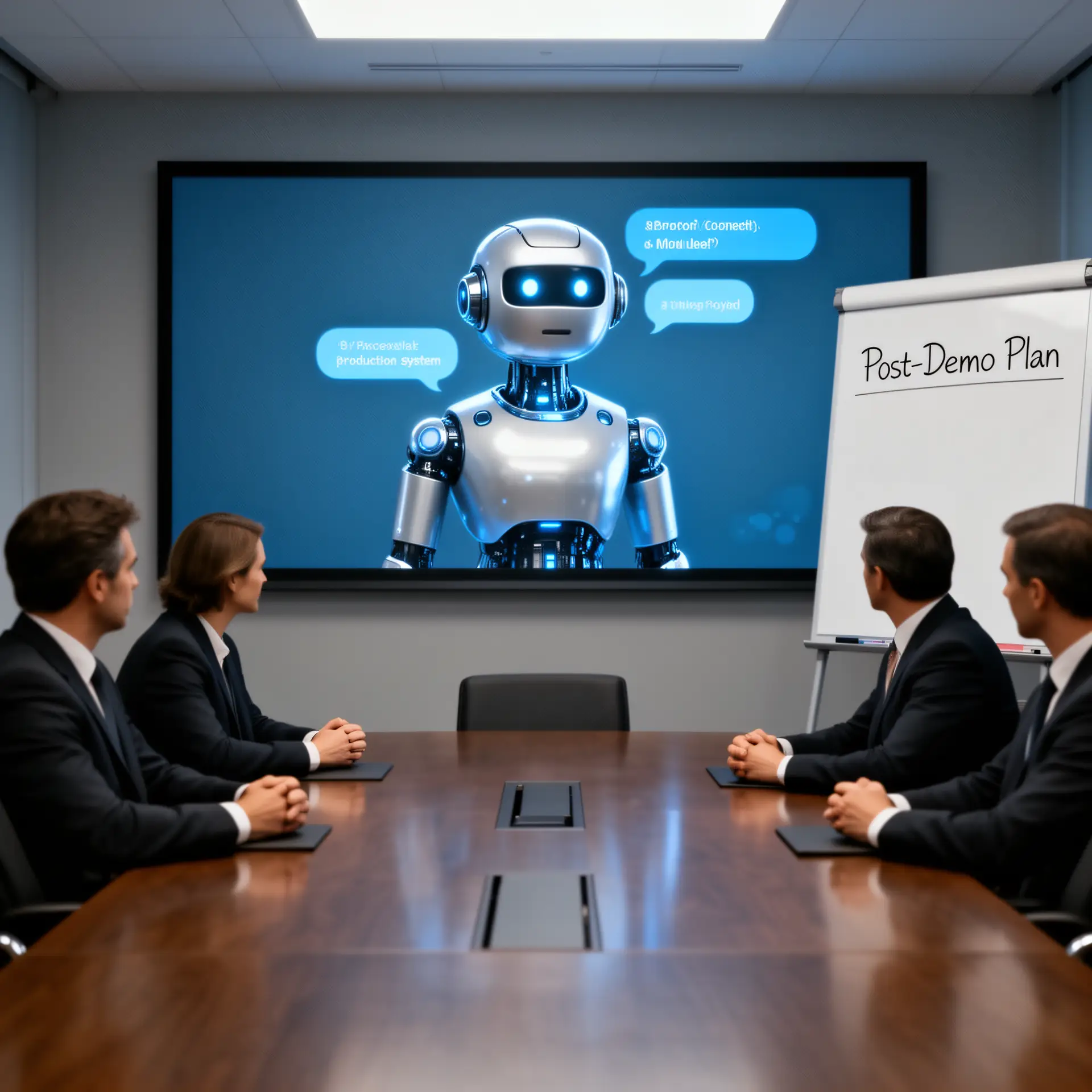 AI factory premium, corporate boardroom silence after an AI demo, executives around a table with a polished chatbot prototype on screen and an empty whiteboard labeled Post-Demo Plan, showing the gap between proof of concept and a scalable production system.