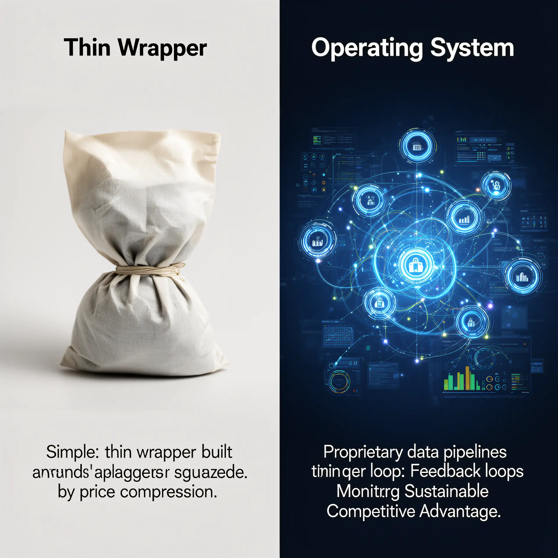 AI factory premium, a split-screen comparison showing two contrasting business approaches: on the left, a simple thin wrapper product built around a single large language model slowly being squeezed by price compression, and on the right, a robust interconnected operating system with proprietary data pipelines, feedback loops, and monitoring dashboards generating sustainable competitive advantage.