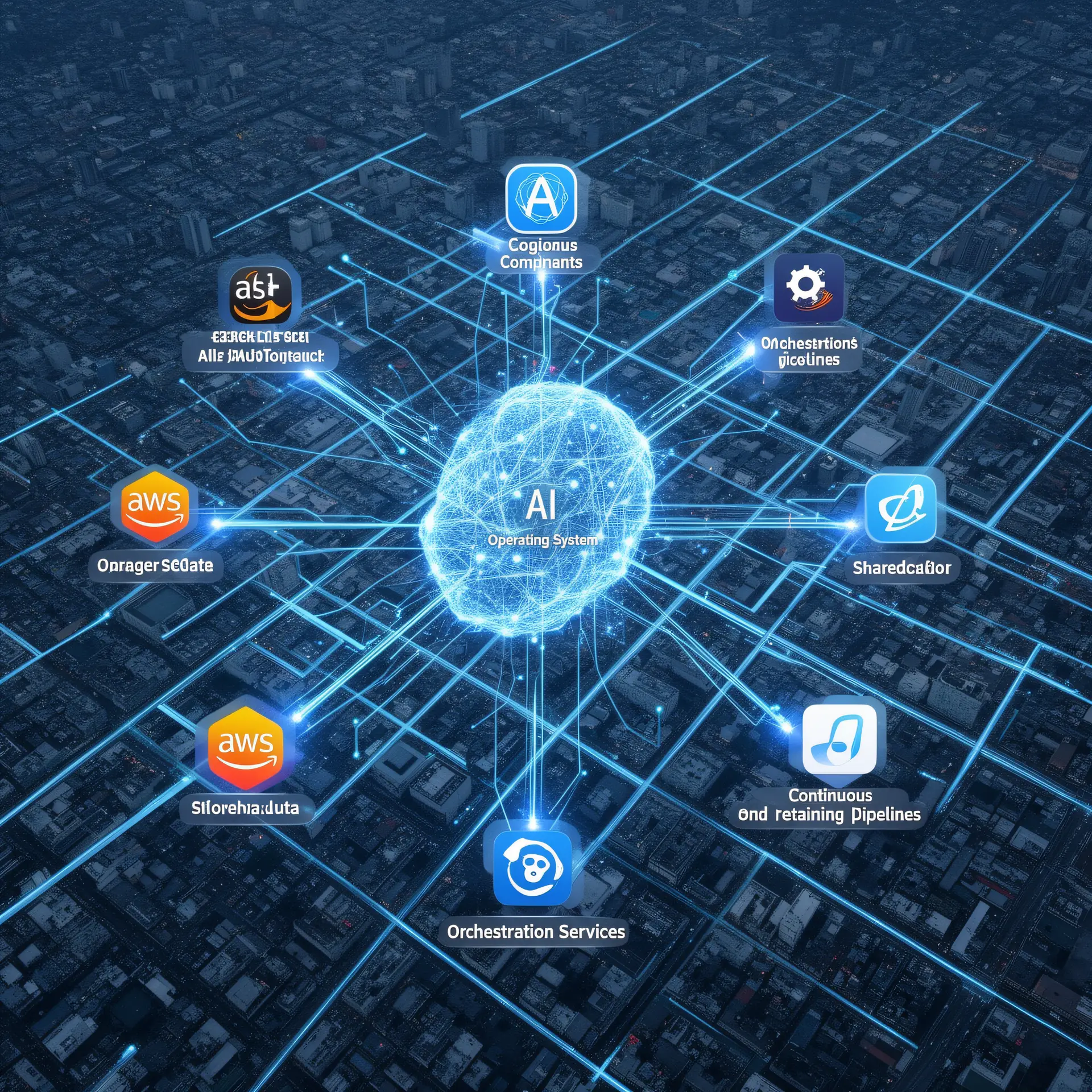 AI factory premium, an aerial view of a sprawling digital platform ecosystem resembling a city grid, with multiple smaller companies and applications plugging into a central AI operating system infrastructure of shared data, orchestration services, and continuous retraining pipelines, evoking how platform companies like AWS created lasting dominance by providing the foundational system others build upon.