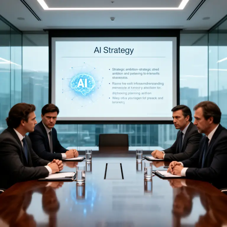 Corporate boardroom with an AI Strategy slide on screen, executives around a table, highlighting the gap between AI ambition and infrastructure planning.
