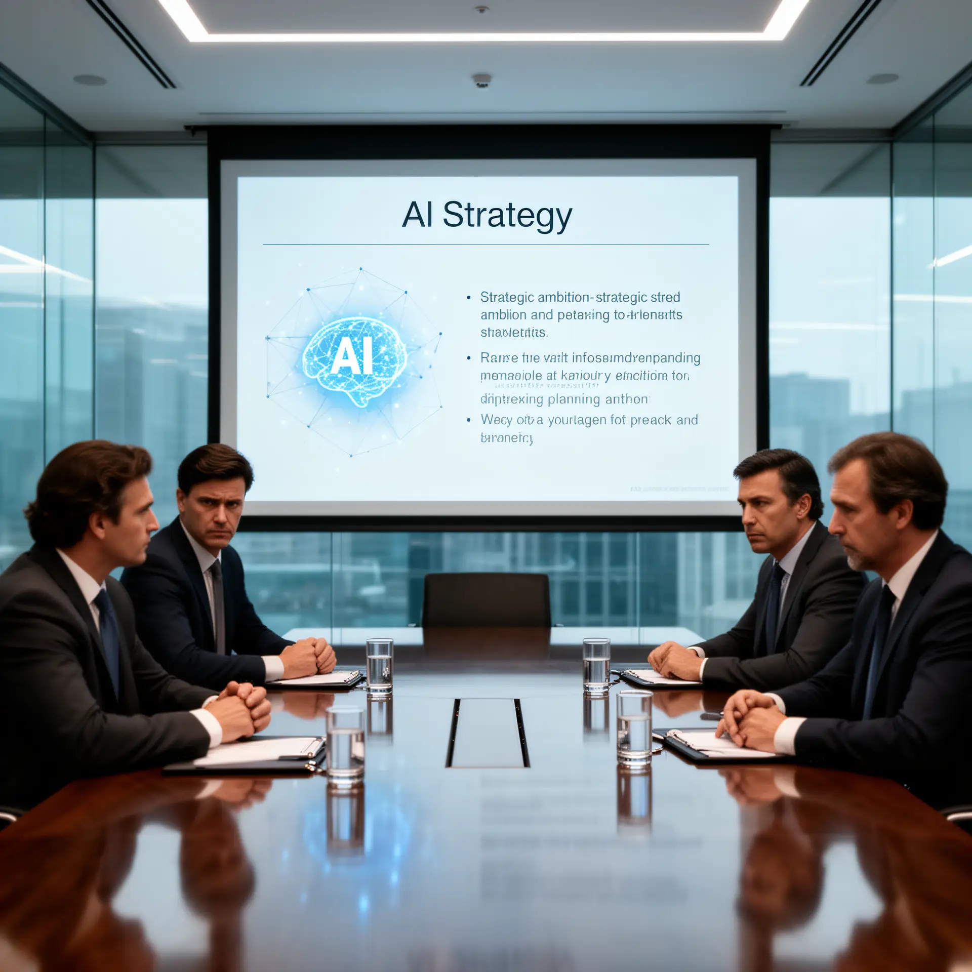 Corporate boardroom with an AI Strategy slide on screen, executives around a table, highlighting the gap between AI ambition and infrastructure planning.